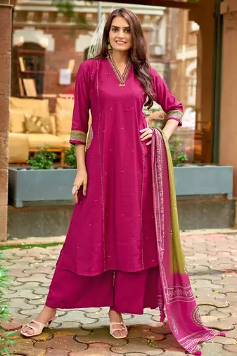 Women Barline Viscose & Handwork Kurta With Trousers And Dupatta