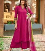 Women Barline Viscose & Handwork Kurta With Trousers And Dupatta