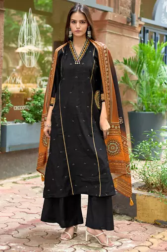 Women Barline Viscose & Handwork Kurta With Trousers And Dupatta