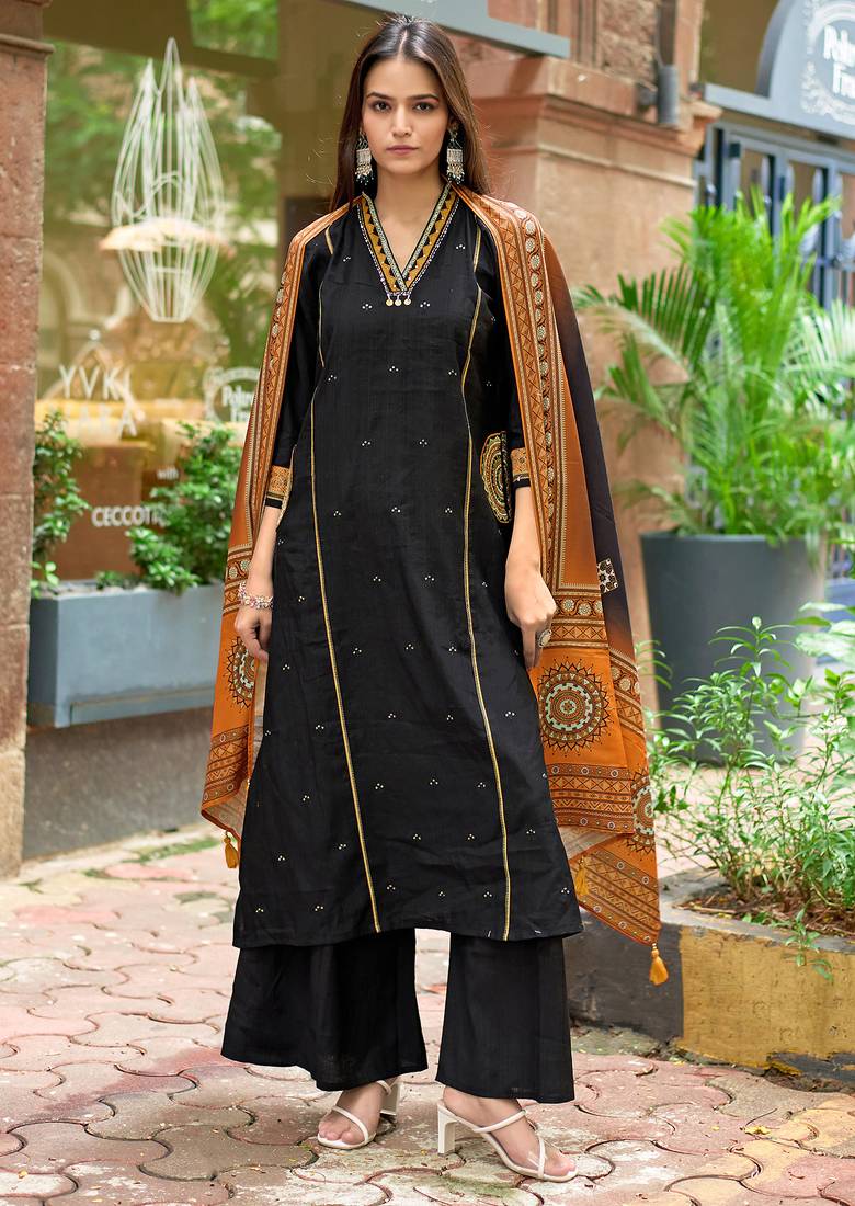 Women Barline Viscose & Handwork Kurta With Trousers And Dupatta