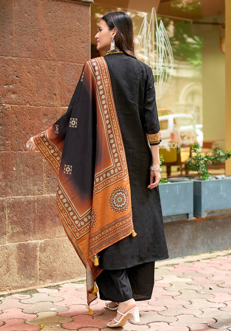 Women Barline Viscose & Handwork Kurta With Trousers And Dupatta
