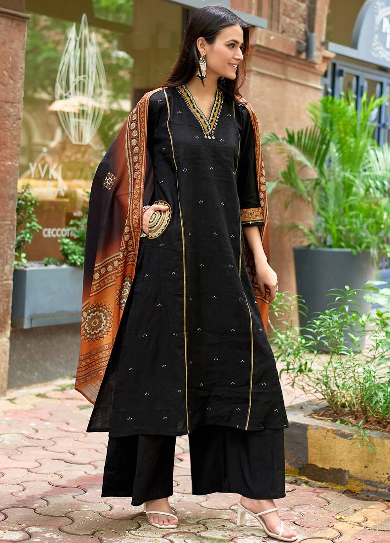 Women Barline Viscose & Handwork Kurta With Trousers And Dupatta