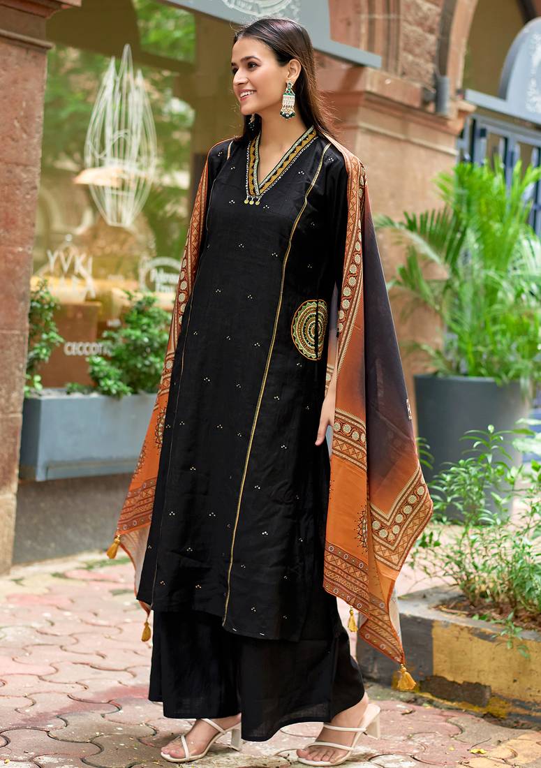 Women Barline Viscose & Handwork Kurta With Trousers And Dupatta