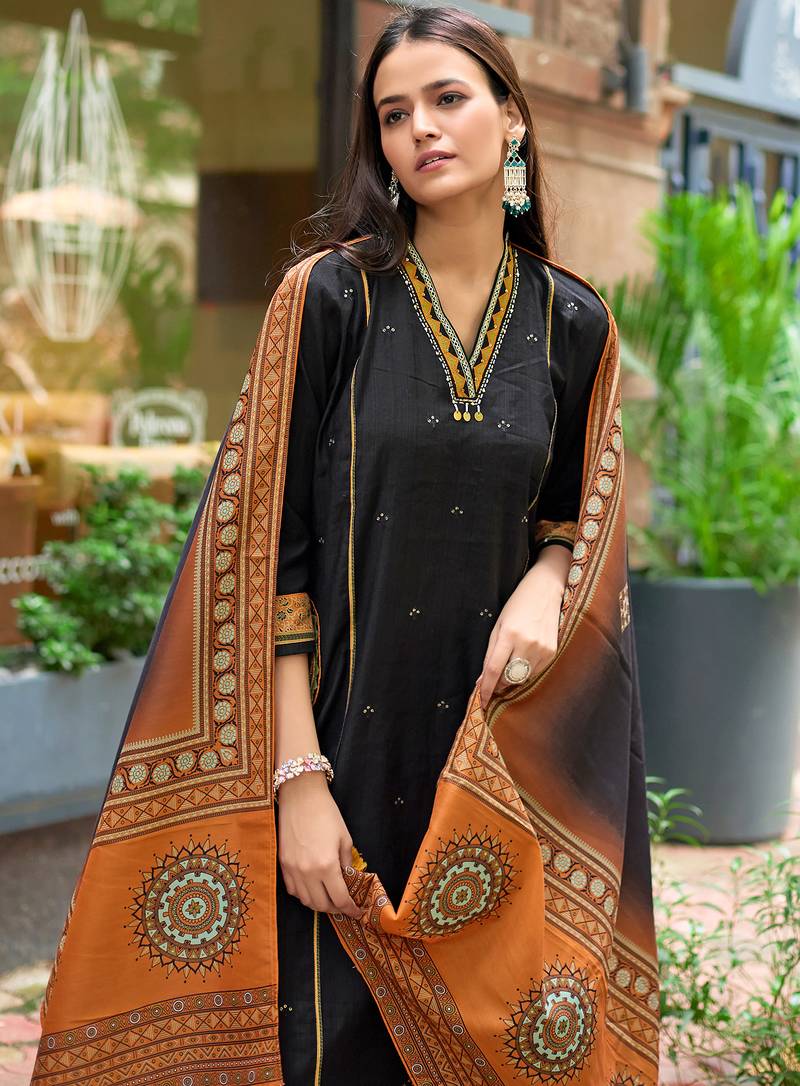 Women Barline Viscose & Handwork Kurta With Trousers And Dupatta