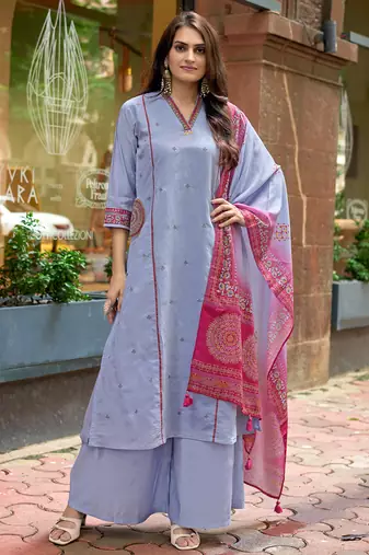Women Barline Viscose & Handwork Kurta With Trousers And Dupatta