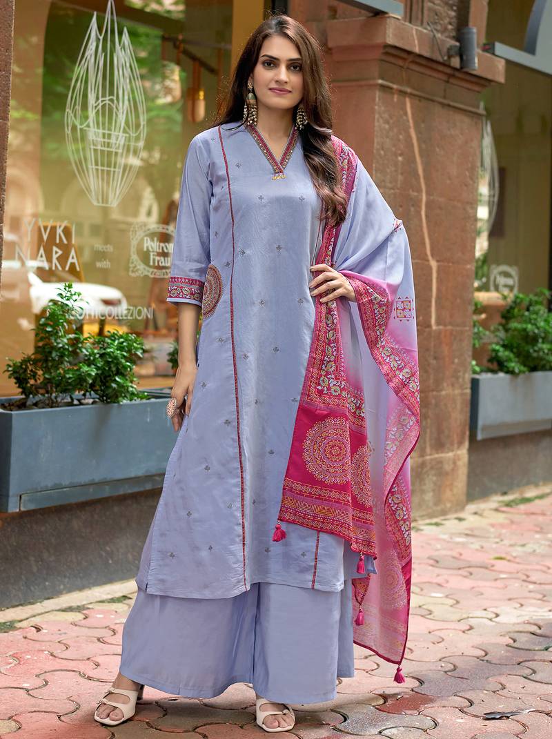 Women Barline Viscose & Handwork Kurta With Trousers And Dupatta