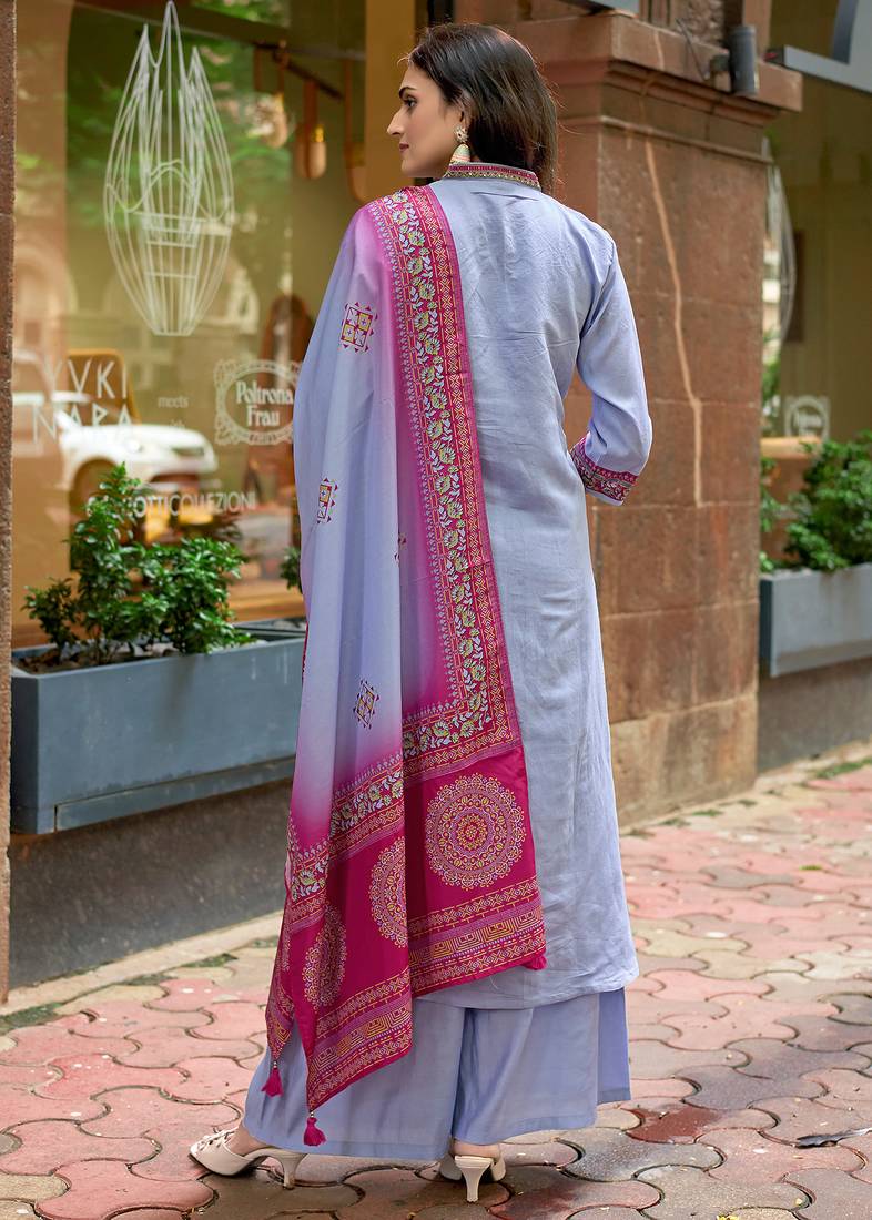 Women Barline Viscose & Handwork Kurta With Trousers And Dupatta