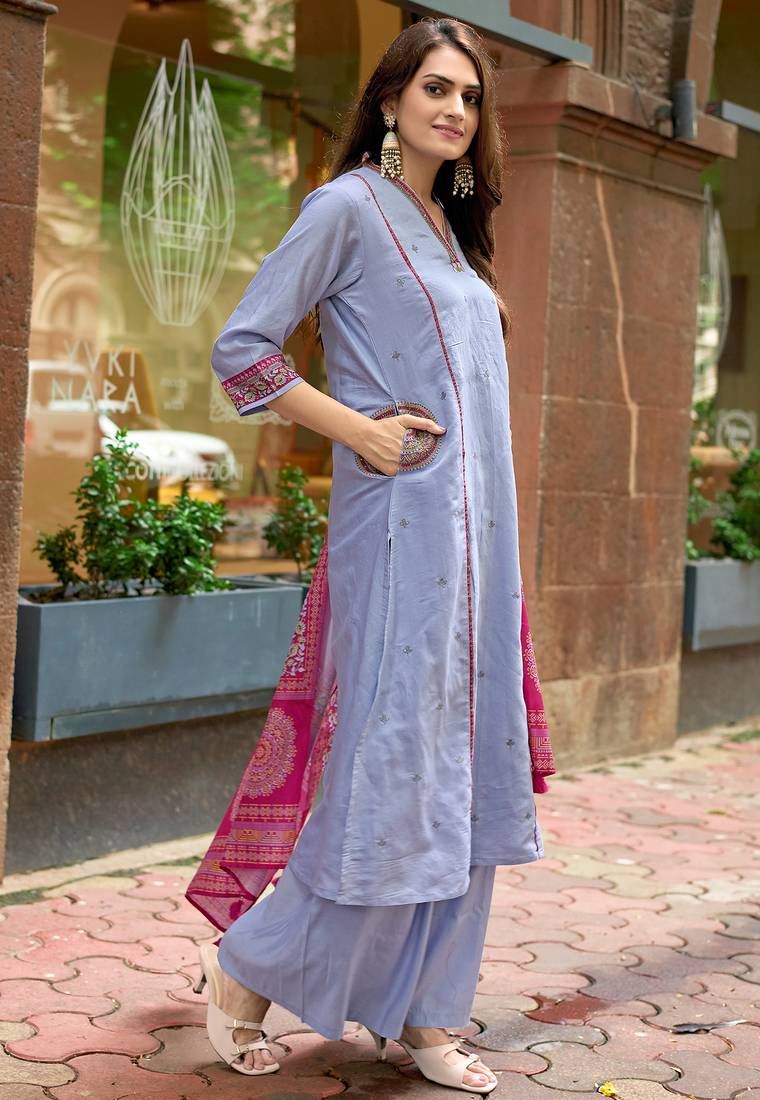 Women Barline Viscose & Handwork Kurta With Trousers And Dupatta