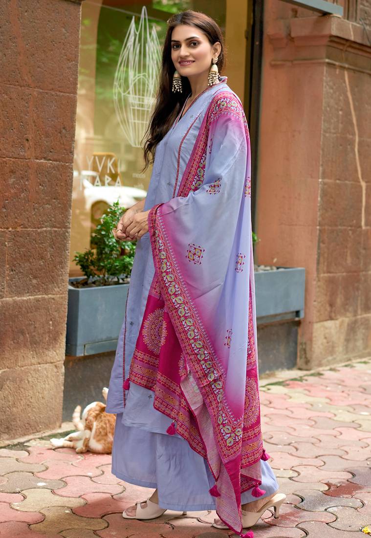 Women Barline Viscose & Handwork Kurta With Trousers And Dupatta
