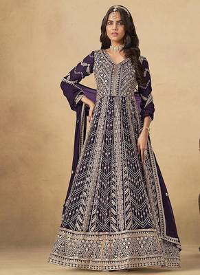 Faux georgette embroidered dark purple anarkali suit 1