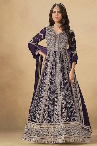 Faux georgette embroidered dark purple engagement wear anarkali suit