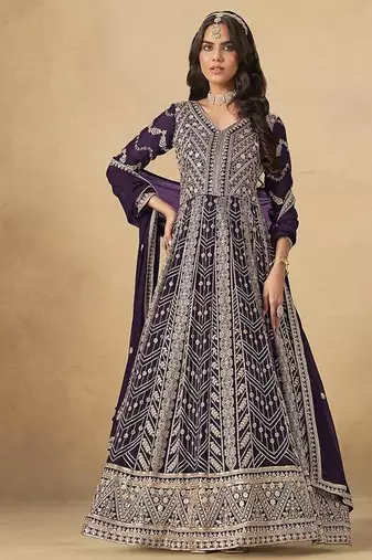 Faux georgette embroidered dark purple engagement wear anarkali suit