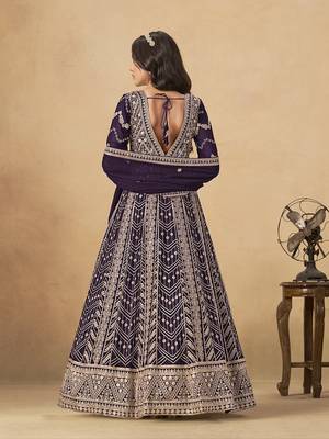 Faux georgette embroidered dark purple anarkali suit 2