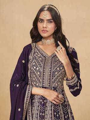Faux georgette embroidered dark purple anarkali suit 3