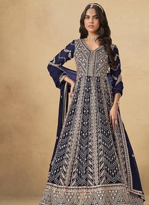 Faux georgette embroidered navy blue anarkali suit 1