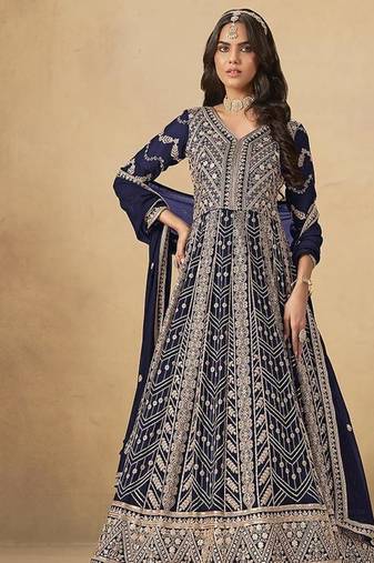 Faux georgette embroidered navy blue engagement wear anarkali suit