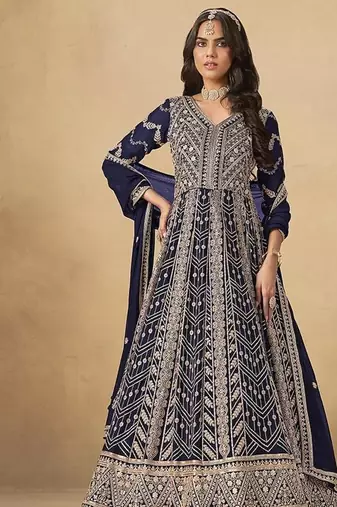 Faux georgette embroidered navy blue engagement wear anarkali suit