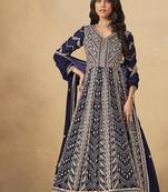 Faux georgette embroidered navy blue engagement wear anarkali suit
