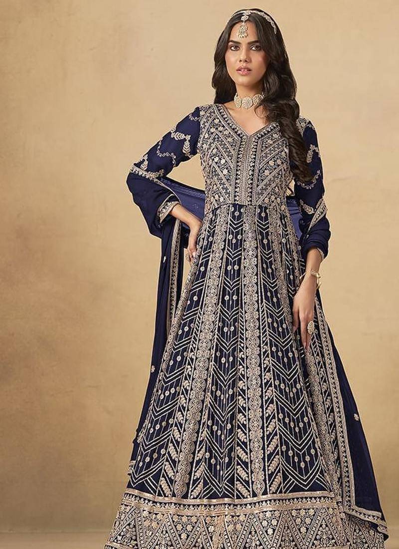 Faux georgette embroidered navy blue engagement wear anarkali suit
