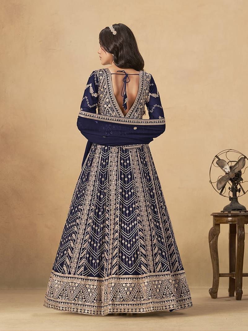 Faux georgette embroidered navy blue engagement wear anarkali suit
