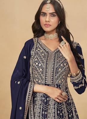Faux georgette embroidered navy blue anarkali suit 3