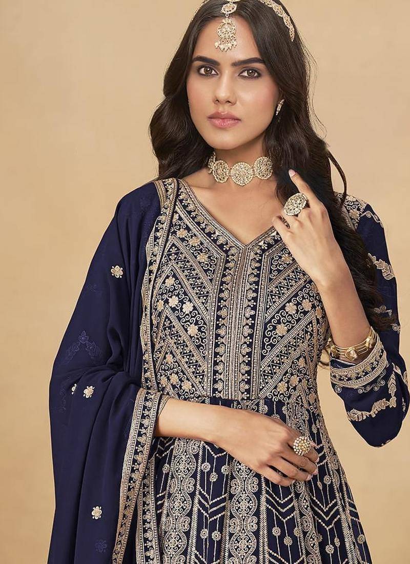 Faux georgette embroidered navy blue engagement wear anarkali suit