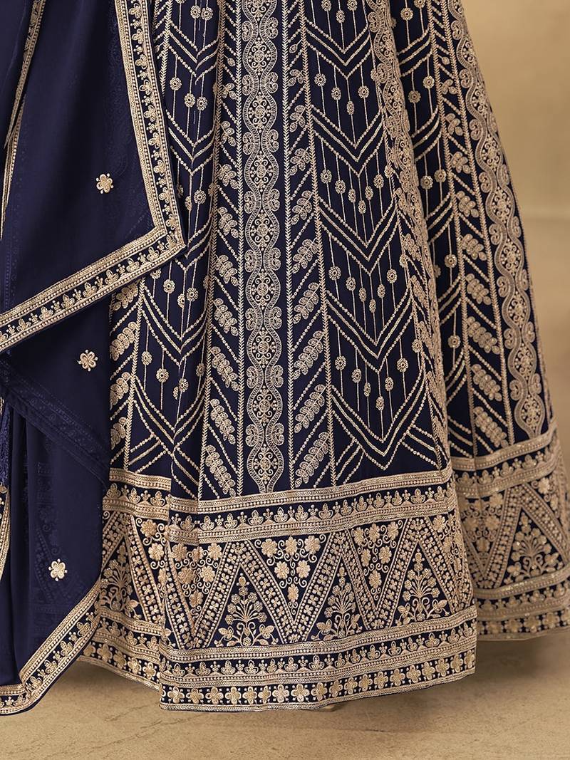 Faux georgette embroidered navy blue engagement wear anarkali suit