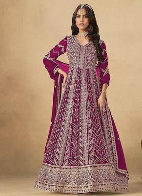 Faux georgette embroidered rani pink anarkali suit 1