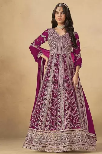 Faux georgette embroidered rani pink engagement wear anarkali suit