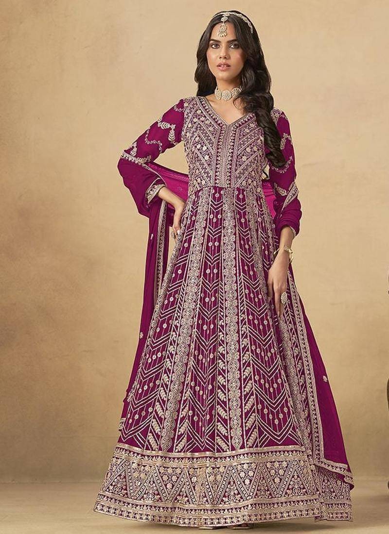 Faux georgette embroidered rani pink engagement wear anarkali suit