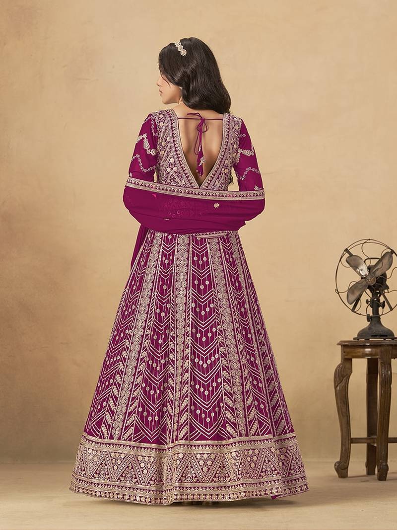 Faux georgette embroidered rani pink engagement wear anarkali suit