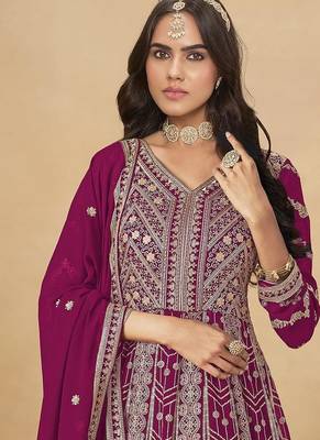Faux georgette embroidered rani pink anarkali suit 3