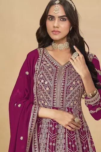 Faux georgette embroidered rani pink anarkali suit