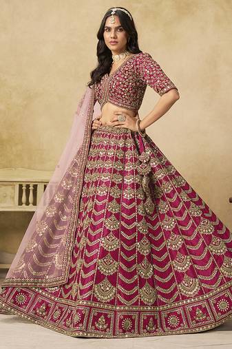 Rani Pink Art Silk Embroidered Lehenga Choli Set for Wedding