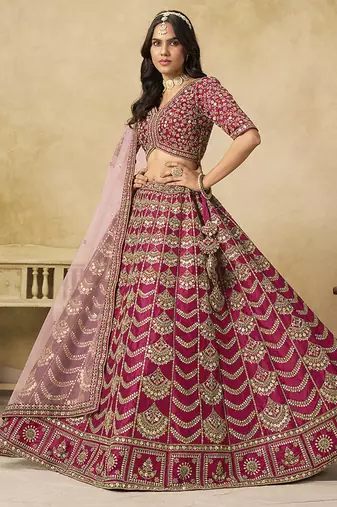 Rani Pink Art Silk Embroidered Lehenga Choli Set for Wedding