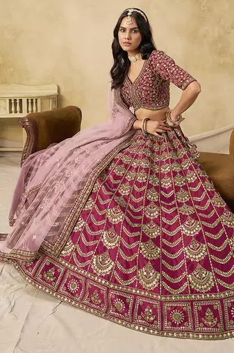 Rani Pink Art silk blend Embroidered Lehenga Choli Set for Wedding