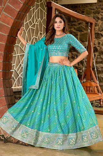 Turquoise Leheriya Print With Embroidered Faux Georgette Lehenga Choli