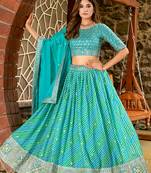 Turquoise Leheriya Print With Embroidered Faux Georgette Lehenga Choli