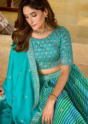 Turquoise Leheriya Print With Embroidered Faux Georgette Lehenga Choli 2