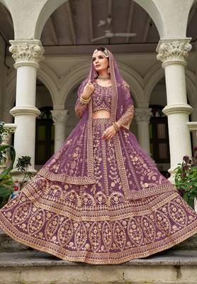 Purple Butterfly Net With Embroidered Work Lehenga For Wedding Season 1