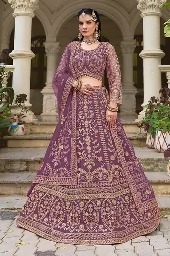 Purple Butterfly Net With Embroidered Work Lehenga For Wedding Season