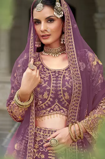 Purple Butterfly Net With Embroidered Work Lehenga For Wedding Season