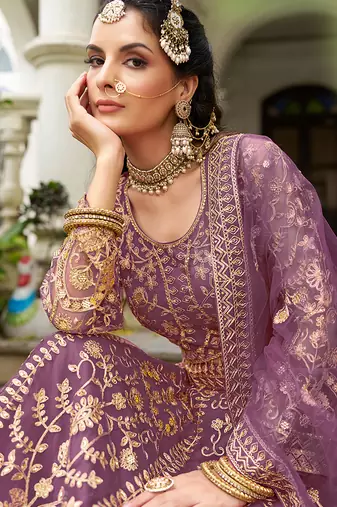 Purple Butterfly Net With Embroidered Work Lehenga For Wedding Season