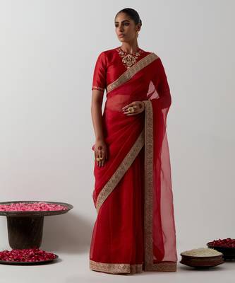 Red embroidered chanderi saree 1