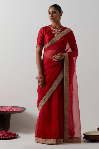 Red embroidered chanderi saree