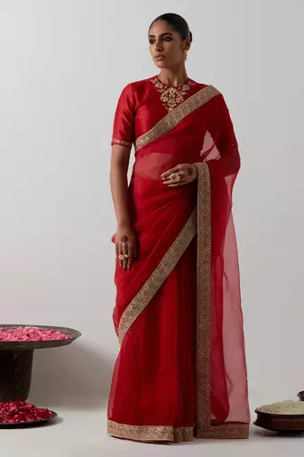 Red embroidered chanderi saree