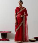 Red embroidered chanderi saree