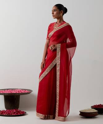 Red embroidered chanderi saree 2