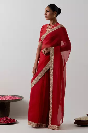 Red embroidered chanderi saree