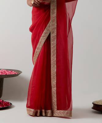 Red embroidered chanderi saree 3